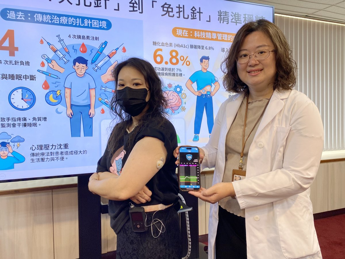 病友余小姐左為了穩定血糖曾單日扎針達14次在內分泌新陳代謝科醫師蔡易婷右協