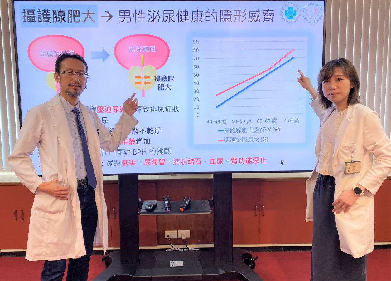 1臺中榮總泌尿醫學部主任李建儀左醫師胡如娟右指出攝護腺肥大是國內40歲以上男