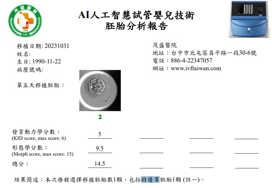 222文小姐採行第4代AI人工智慧試管嬰兒技術所選出的1顆特優等囊胚做植入即成功懷孕產 copy