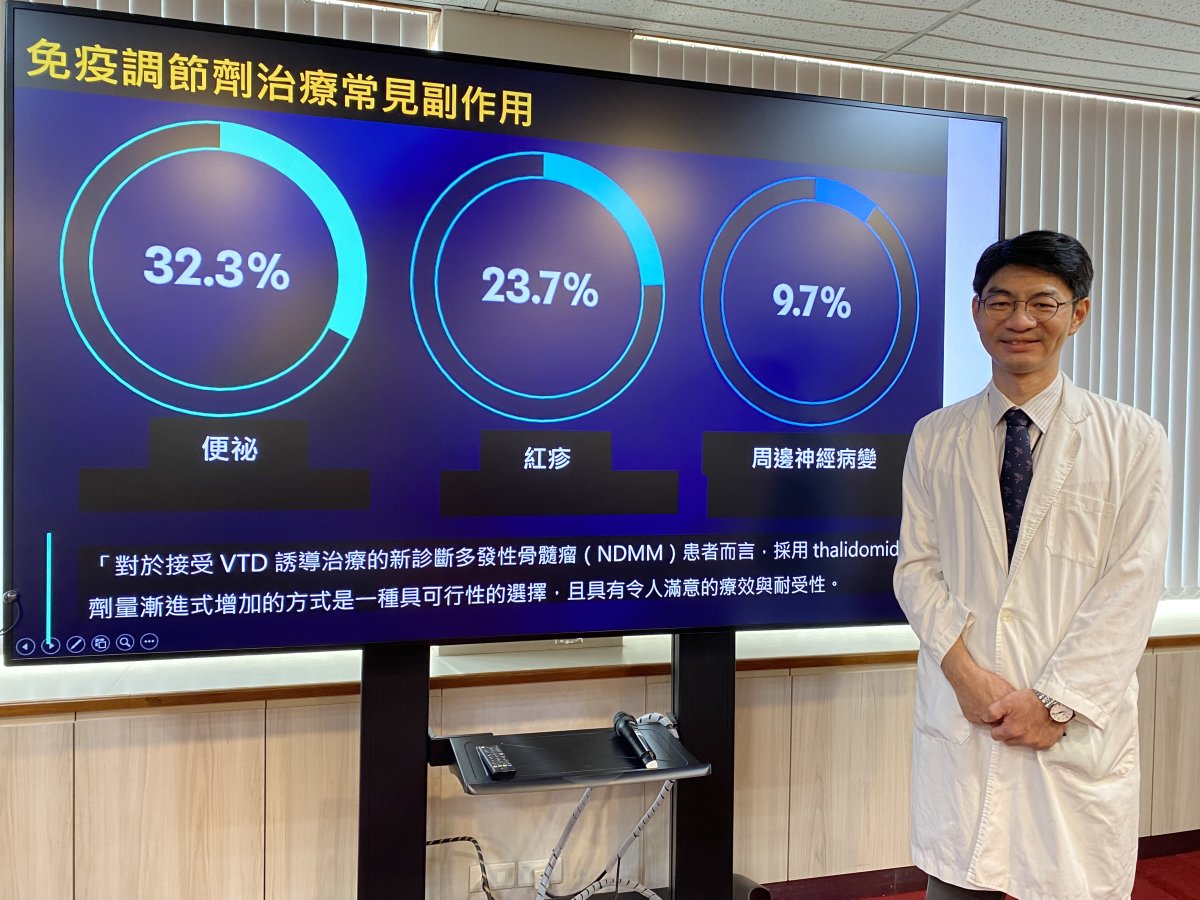 2中榮總血液腫瘤科主任滕傑林指出傳統標靶治療多發性骨髓瘤病患易有便秘紅疹